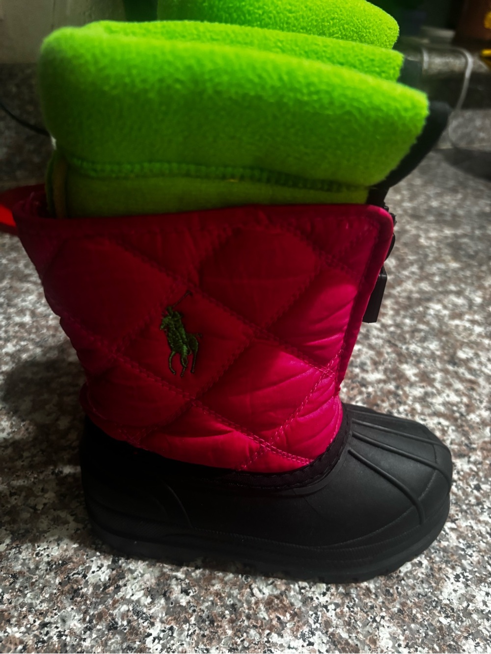 Ralph Lauren Hot Pink Quilted Kids Snow Boots with Lime Lining